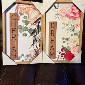Floral "Cherish" and "Dream" Wall Art Pair - Pink & Green